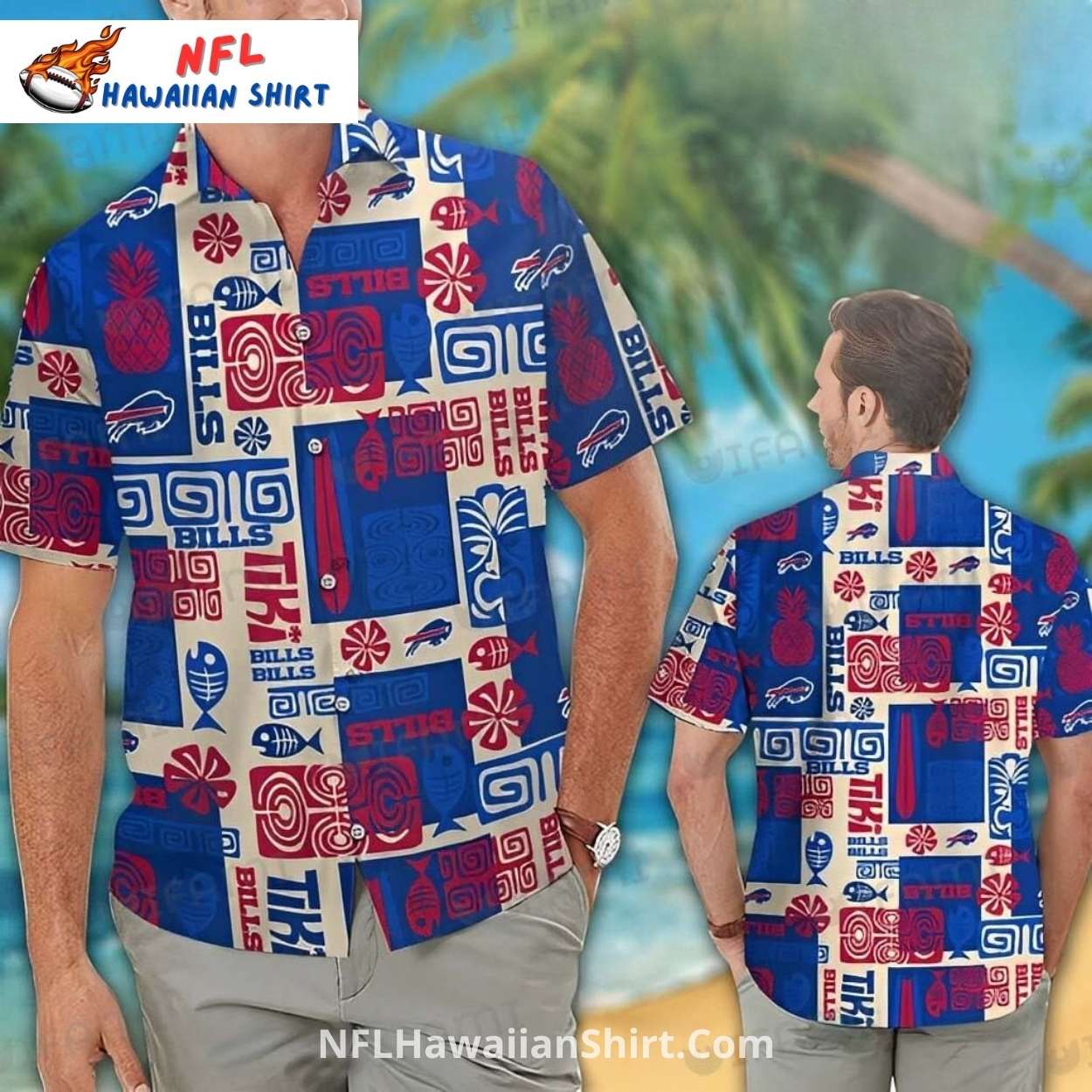 Buffalo Bills Aloha Shirt - Classic Tiki Pattern With Team Branding Buffalo Bills Aloha Shirt - Classic Tiki Pattern With Team Branding