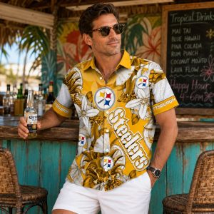 Custom Pittsburgh Steelers Aloha Shirt: Golden Pineapple Botanical Floral with Personalized Name