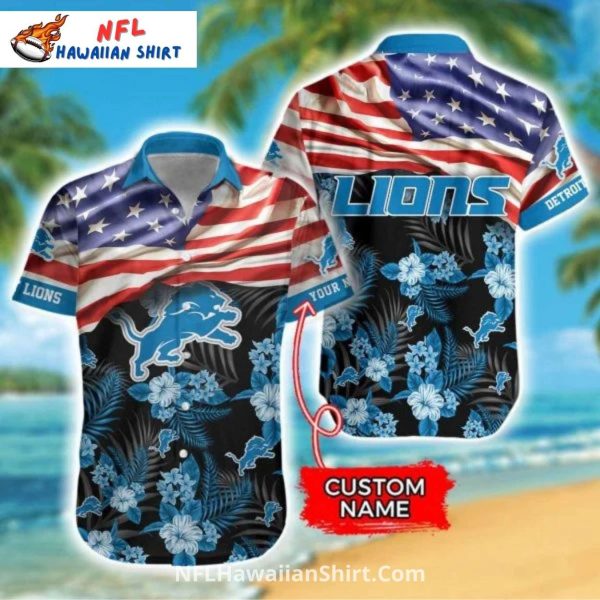 Detroit Lions Hawaiian Shirt USA Flag And Tropical Print