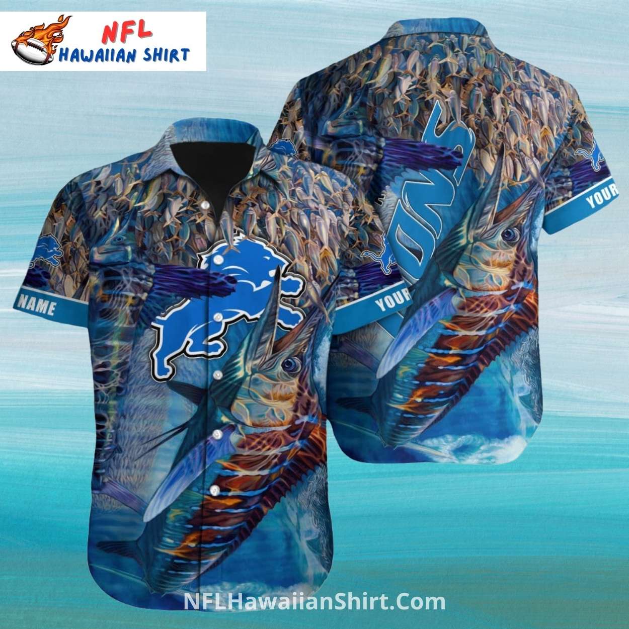 Detroit Lions Hawaiian Shirt With Marlin Fishing Theme Detroit Lions Hawaiian Shirt With Marlin Fishing Theme