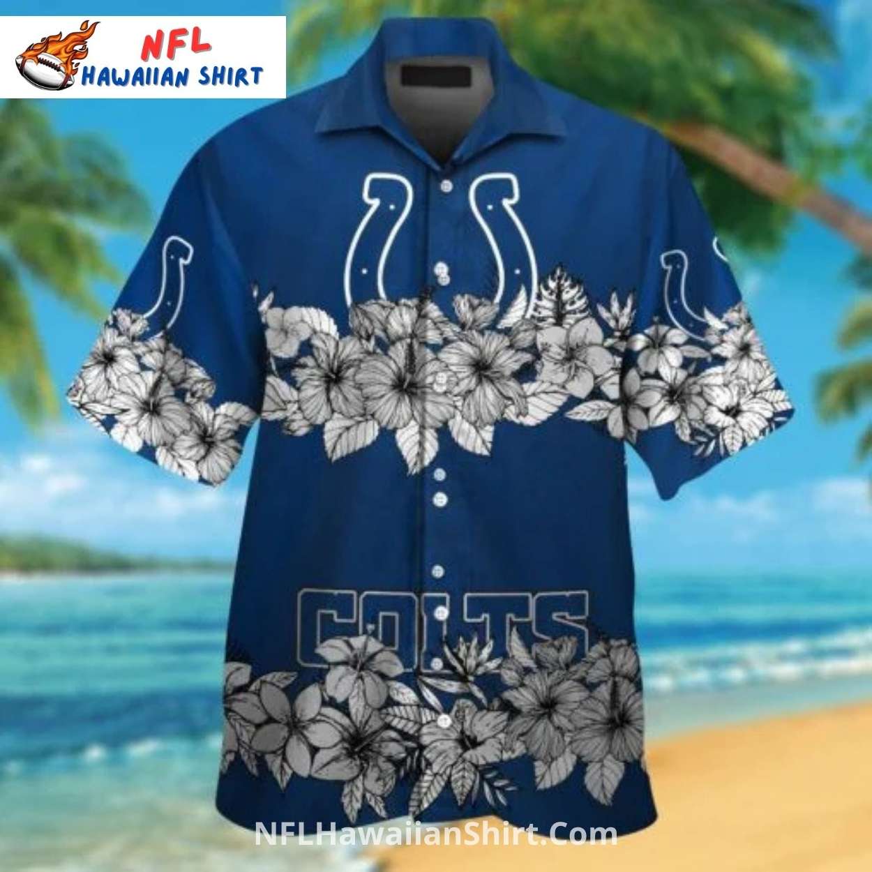 Indianapolis Colts Aloha Shirt - Floral Border With Colts Logo Indianapolis Colts Aloha Shirt - Floral Border With Colts Logo