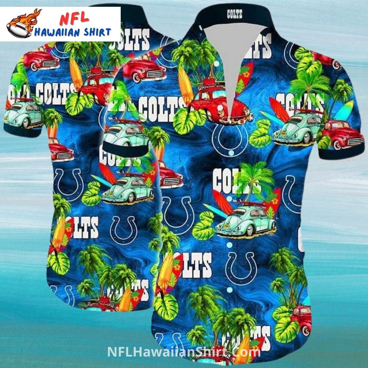 Indianapolis Colts Aloha Shirt - Retro Car And Surfboard Print Indianapolis Colts Aloha Shirt - Retro Car And Surfboard Print