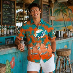 Miami Dolphins Hawaiian Shirt – Bold Artistic Aqua and Orange Color Swirls