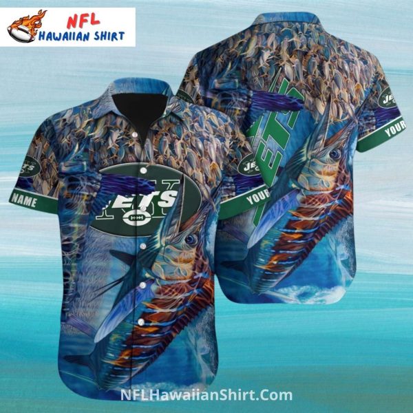 NY Jets Hawaiian Shirt – Blue Marlin Fishing And Football Logo