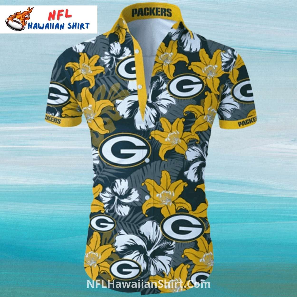 Packers Hawaiian shirt, Yellow hibiscus and logo design Packers Hawaiian shirt, Yellow hibiscus and logo design