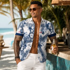 Blue Floral New England Patriots Hawaiian Shirt — White Base Navy Botanical Design