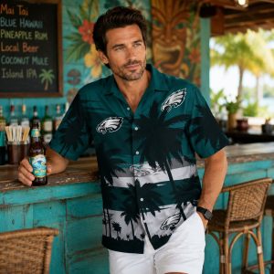 Eagles Dark Teal Sunset Palms Aloha Shirt