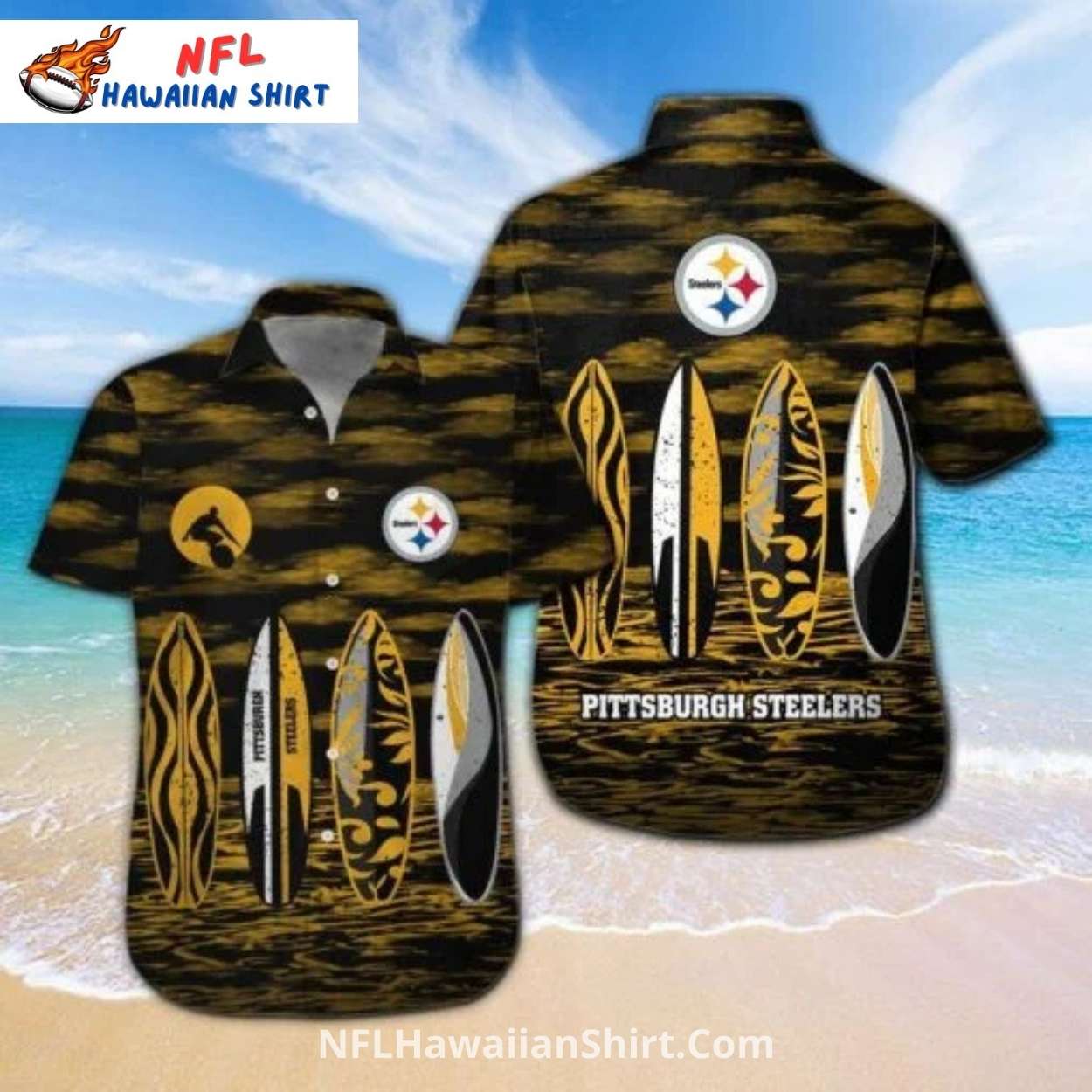 Pittsburgh Steelers Aloha Shirt Black And Gold Surfboard Art Pittsburgh Steelers Aloha Shirt Black And Gold Surfboard Art