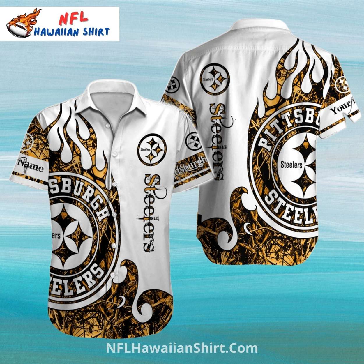 Pittsburgh Steelers Aloha Shirt White Tribal Fire Design Pittsburgh Steelers Aloha Shirt White Tribal Fire Design
