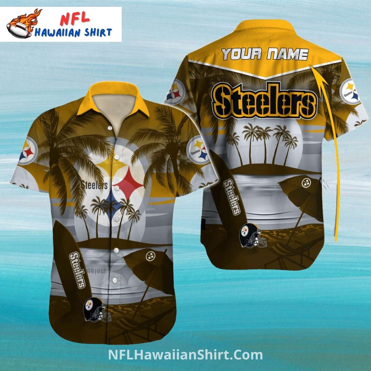 Pittsburgh Steelers Aloha Shirt With Beach And Surfboard Design Pittsburgh Steelers Aloha Shirt With Beach And Surfboard Design