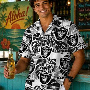 Custom Name Raiders Hawaiian Shirt with Bold Black and White Design: Monochromatic Personalized Fan Gear