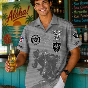 Custom Name Raiders Aloha Shirt with Football Action Graphic: Personalized Game-Day Fan Gear