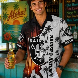 Custom Name Raiders Hawaiian Shirt with Palm Trees and Sunset Design: Personalized Tropical Fan Gear