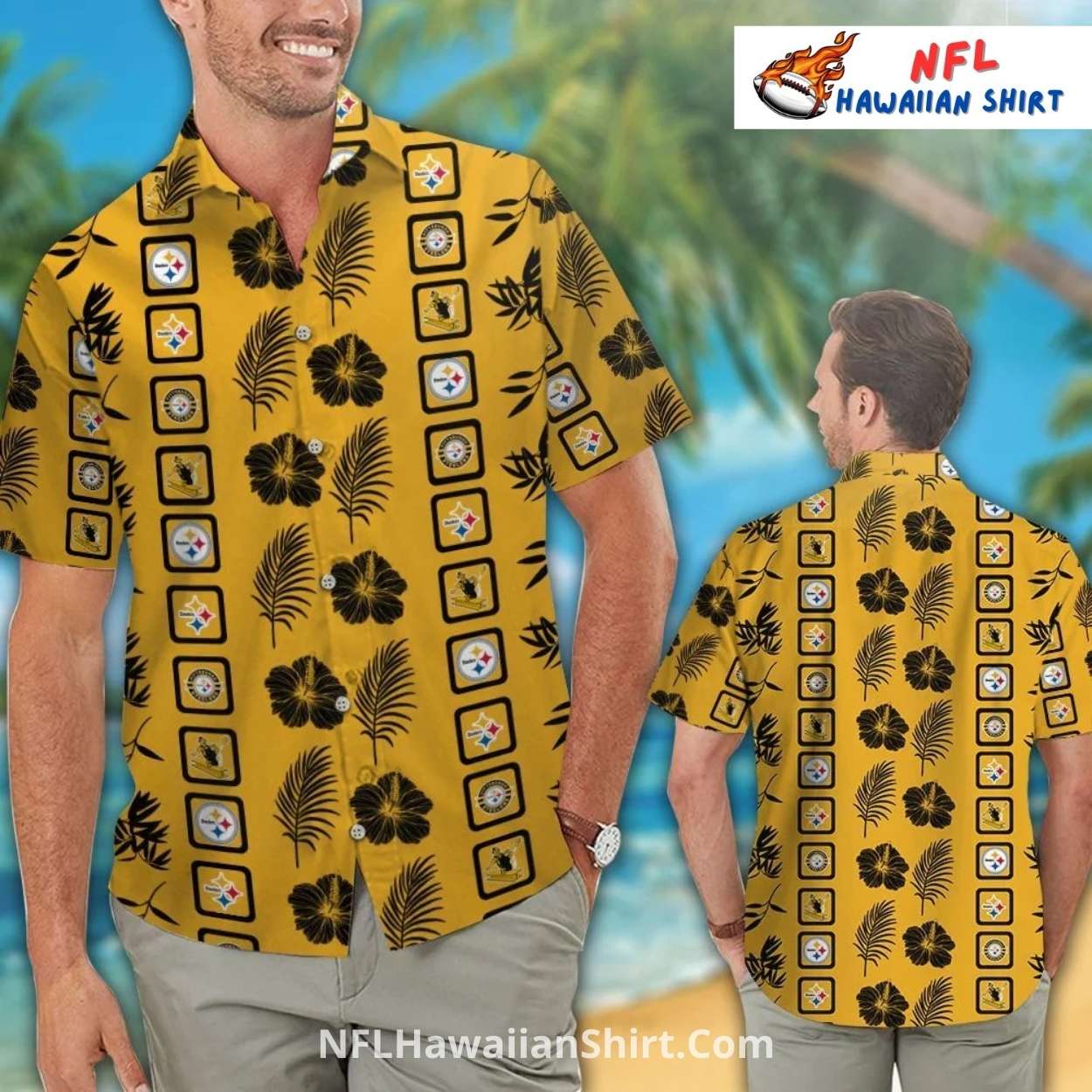 Steelers Hawaiian Shirt Gold With Floral And Palm Leaf Print Steelers Hawaiian Shirt Gold With Floral And Palm Leaf Print