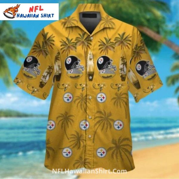 Steelers Hawaiian Shirt Gold With Helmets And Palm Trees