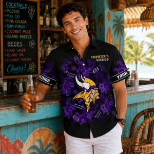 Black and Purple Minnesota Vikings Aloha Shirt with Floral