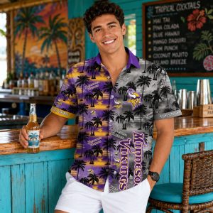 Black Purple Palm Tree Sunset Minnesota Vikings Hawaiian Shirt