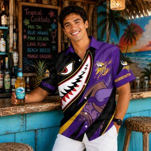 Bold Shark Graphic Minnesota Vikings Aloha Shirt