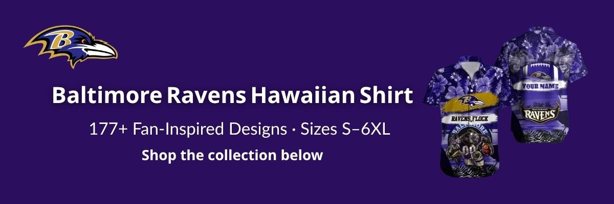 Baltimore Ravens Hawaiian Shirt collection banner – 177+ fan-inspired purple and black tropical designs, sizes S to 6XL