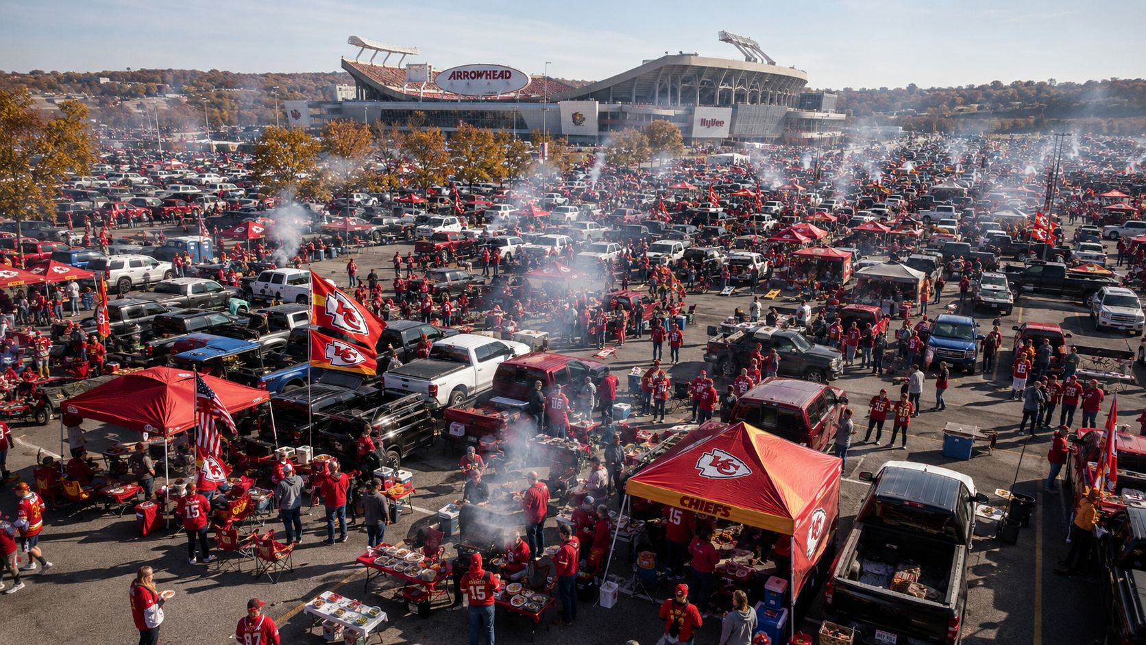 Arrowhead Stadium Tailgate — Chiefs Kingdom Parking Lot BBQ Ritual Arrowhead Stadium parking lot tailgate aerial view — Kansas City Chiefs fans with BBQ smokers, red flags, and game day setups before kickoff
