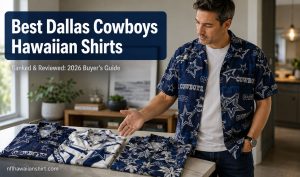 Best Dallas Cowboys Hawaiian shirts ranked — man evaluating multiple Cowboys all-over print designs laid out on a table.