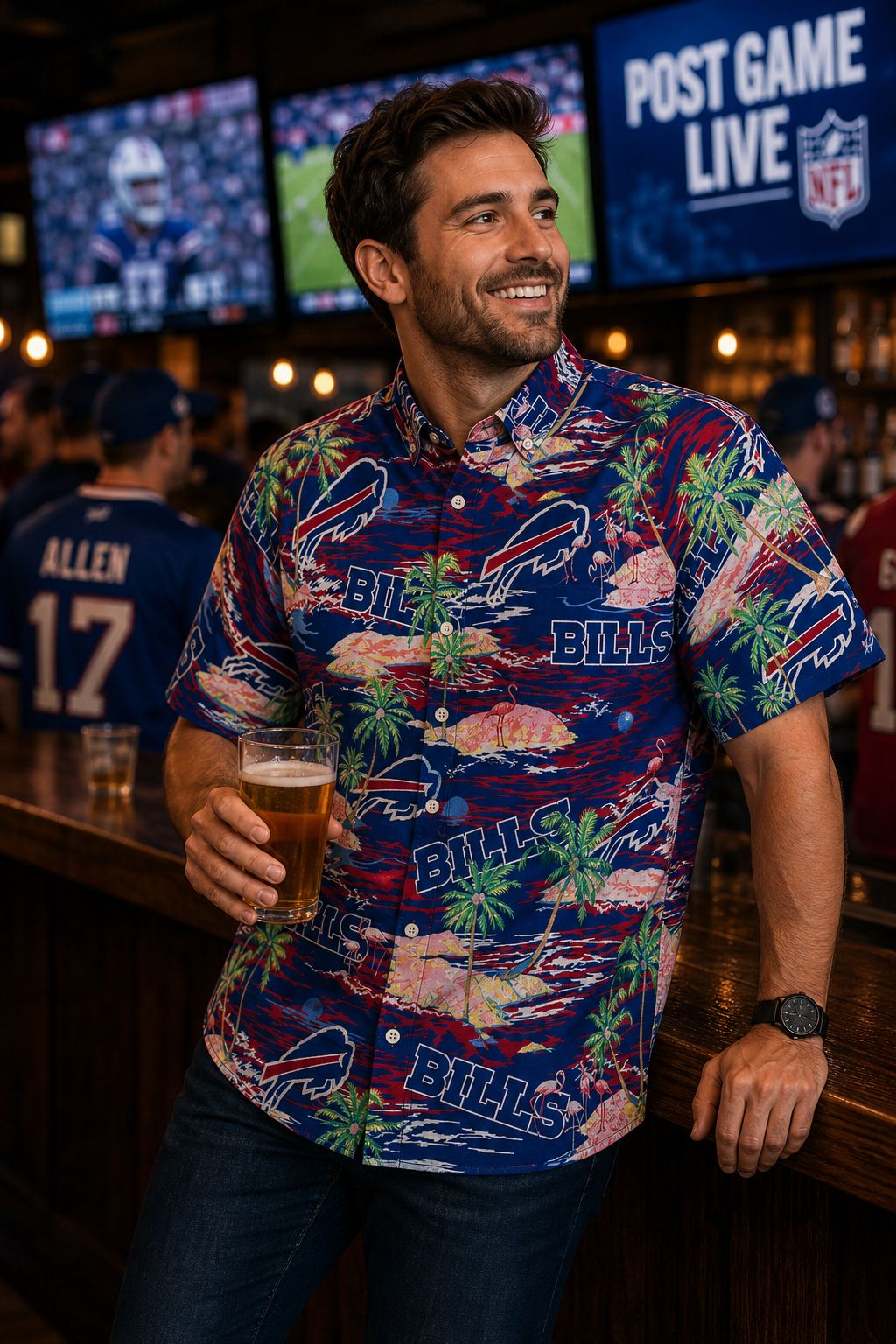Buffalo Bills Hawaiian Shirt Post Game Bar NFL Hawaiian shirt buttoned at post-game bar — Bills fan outfit after the game