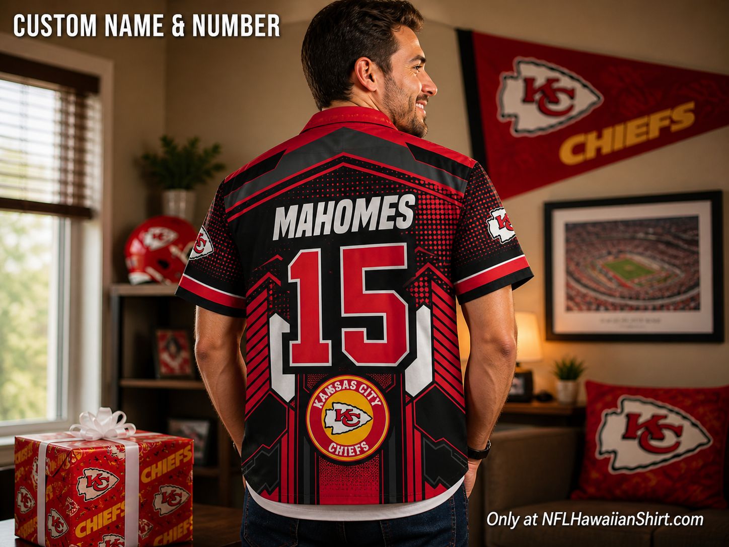 Man wearing Kansas City Chiefs Hawaiian shirt showing custom Mahomes 15 name and number on back - personalized Chiefs fan gift