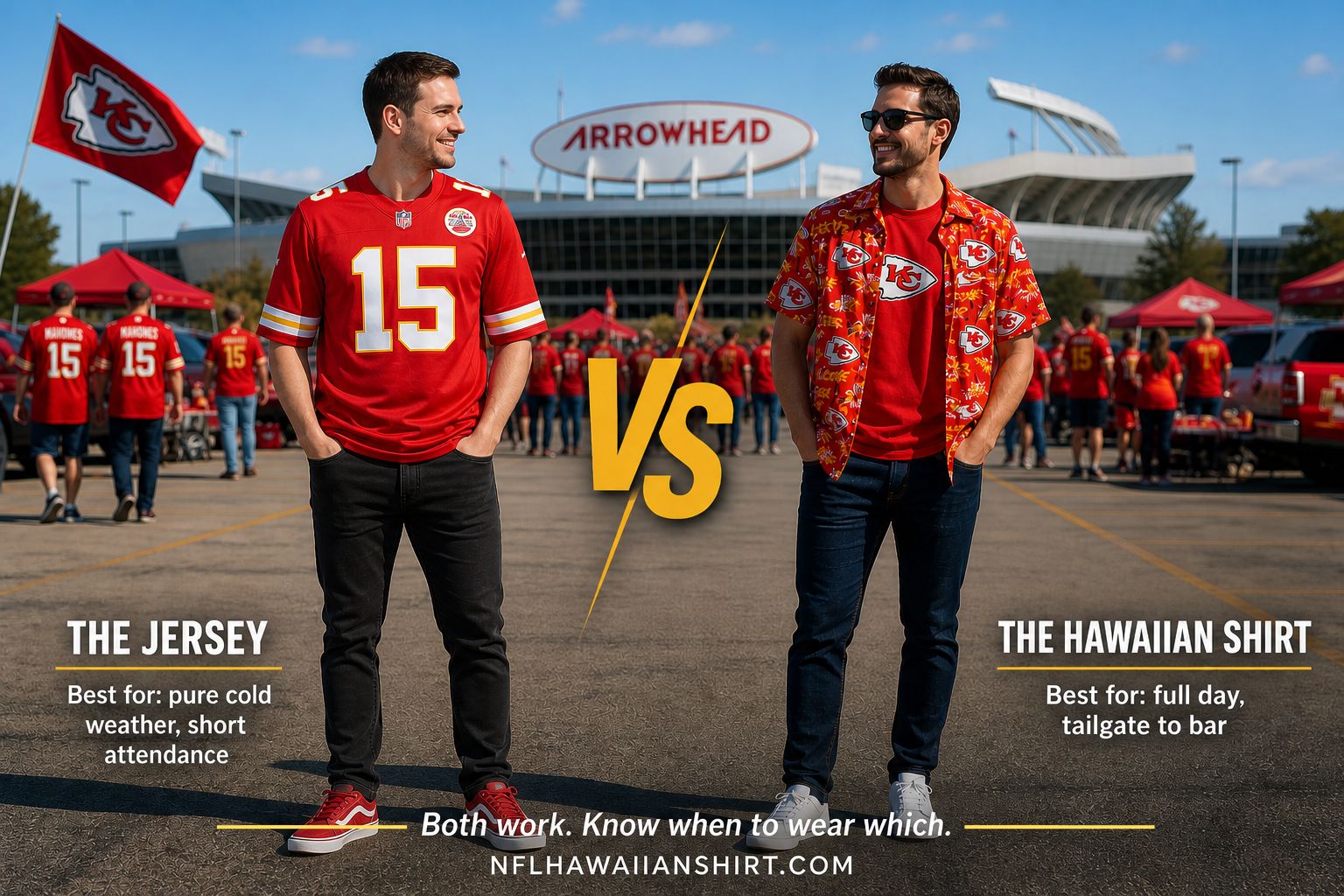 Chiefs Jersey vs Hawaiian Shirt — Arrowhead Game Day Comparison Kansas City Chiefs jersey versus Hawaiian shirt at Arrowhead Stadium — both valid game day outfits for different situations