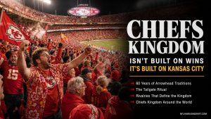 Chiefs Kingdom fan at Arrowhead Stadium raising fist in crowd — 60 years of tailgate traditions and fan culture in Kansas City