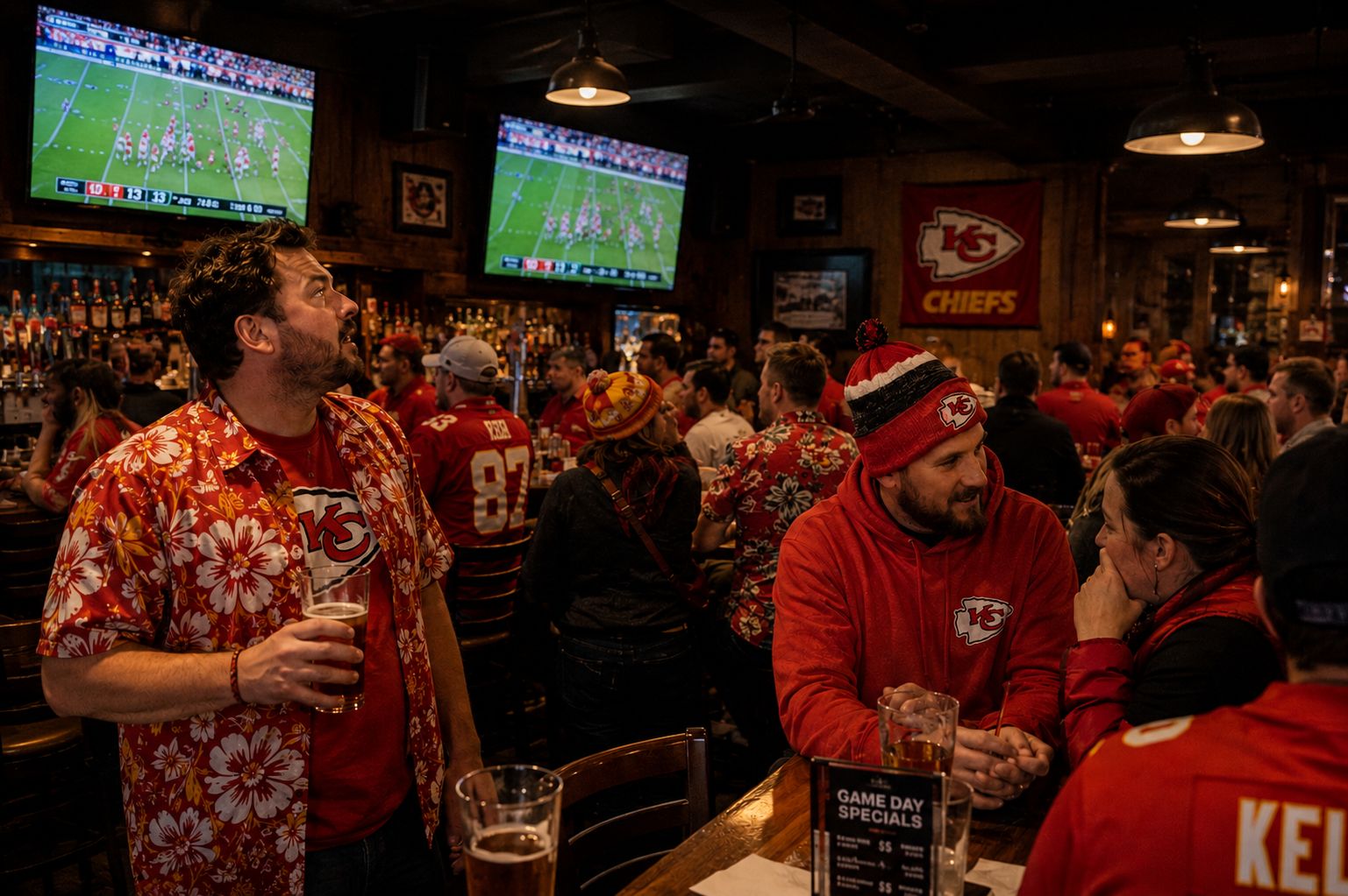 Chiefs Kingdom Watch Party — Bar Scene with Chiefs Fans Kansas City Chiefs fans watching game at sports bar — Chiefs Kingdom watch party with red gear and TV screens showing the game