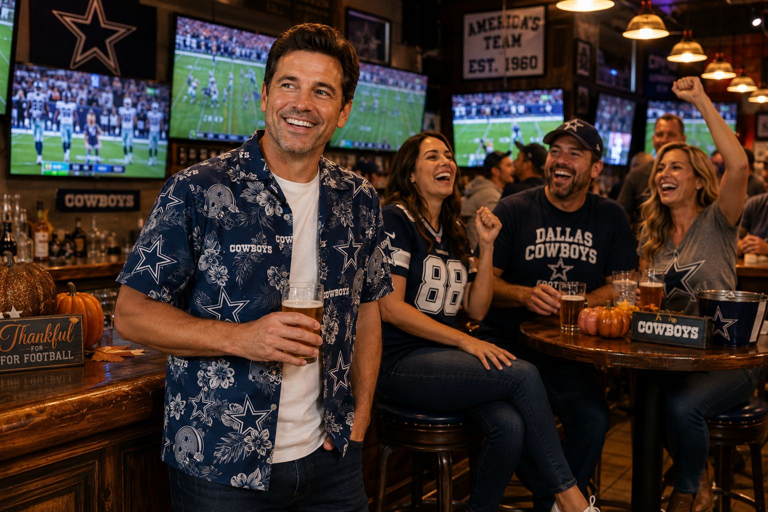 Dallas Cowboys Thanksgiving Watch Party Bar — Hawaiian Shirt Fan Group Dallas Cowboys fans celebrating at Thanksgiving watch party bar — main fan wearing navy Hawaiian shirt open over white tee, group cheering behind him with Cowboys jerseys and gear, TV screens showing the game