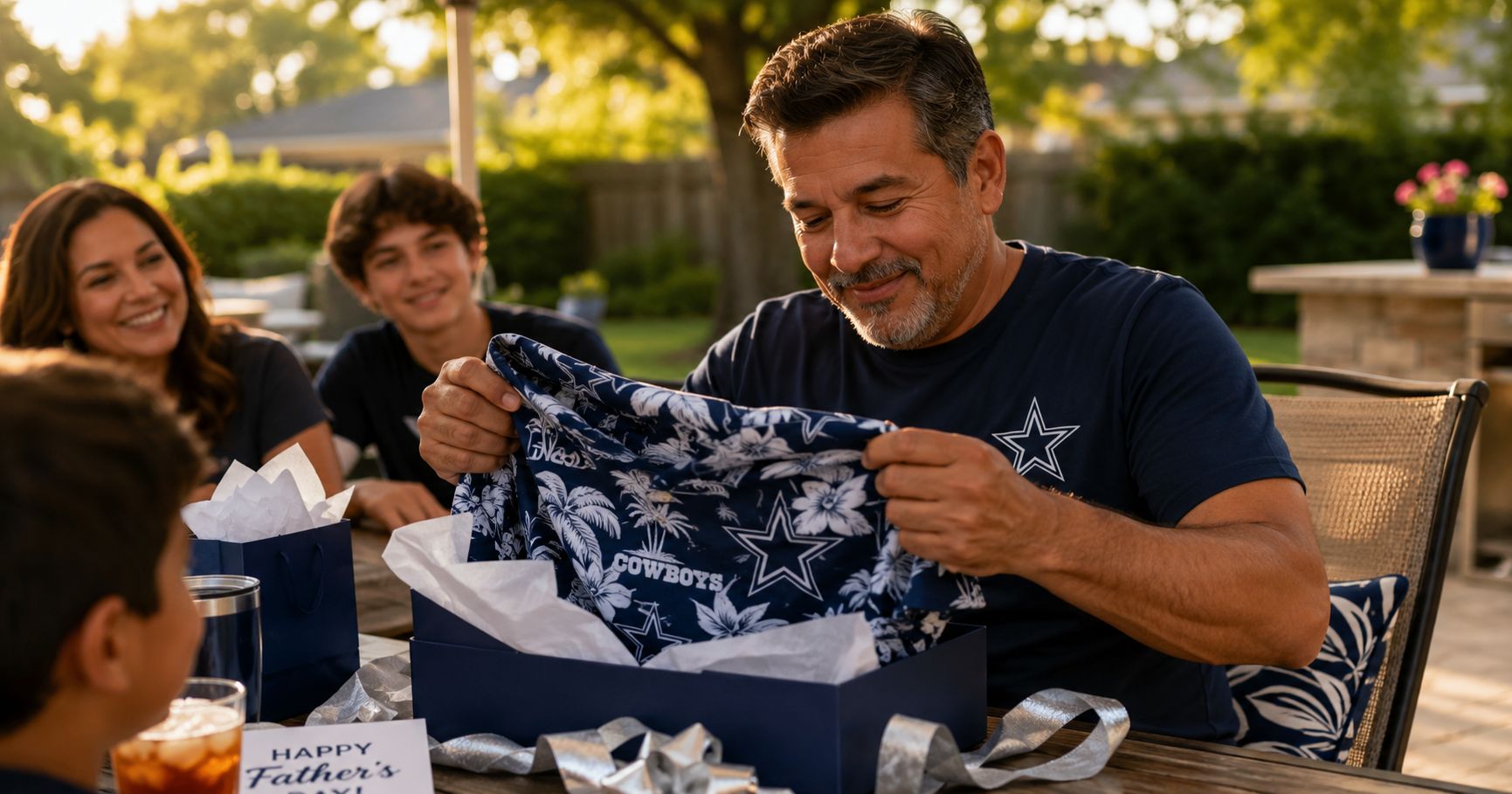 Dallas Cowboys dad opening a navy blue Hawaiian shirt gift box during a warm Father’s Day backyard family gathering
