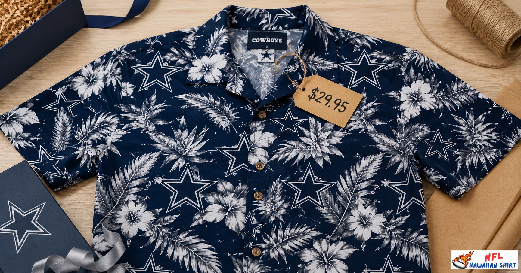Dallas Cowboys Hawaiian shirt laid flat with visible $29.95 gift tag on light wood surface — affordable Cowboys apparel gift under $50