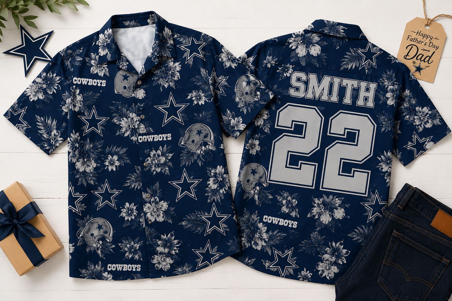 Dallas Cowboys custom Hawaiian shirt front and back view — navy blue floral all-over print with Cowboys stars and helmets, personalized SMITH 22 name and number on back, Father's Day gift tag and gift box props