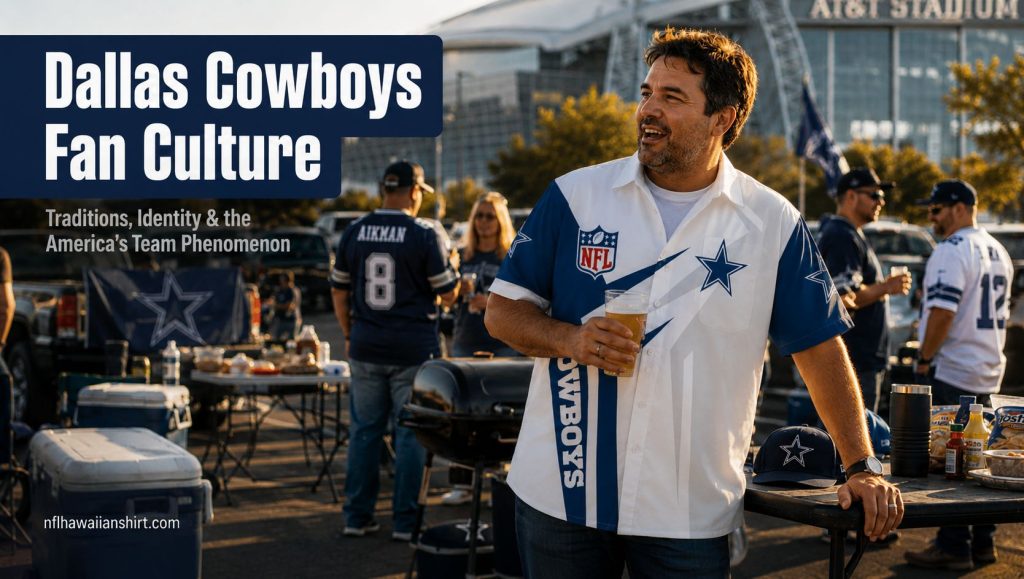 Dallas Cowboys fan culture — tailgate at AT&T Stadium, fans in Cowboys gear gathered before kickoff