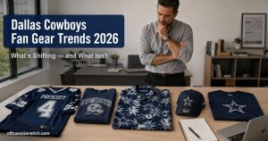 Dallas Cowboys fan gear trends 2026 — five Cowboys merchandise categories laid out for market comparison including jersey, crewneck, Hawaiian shirt, cap, and basic tee