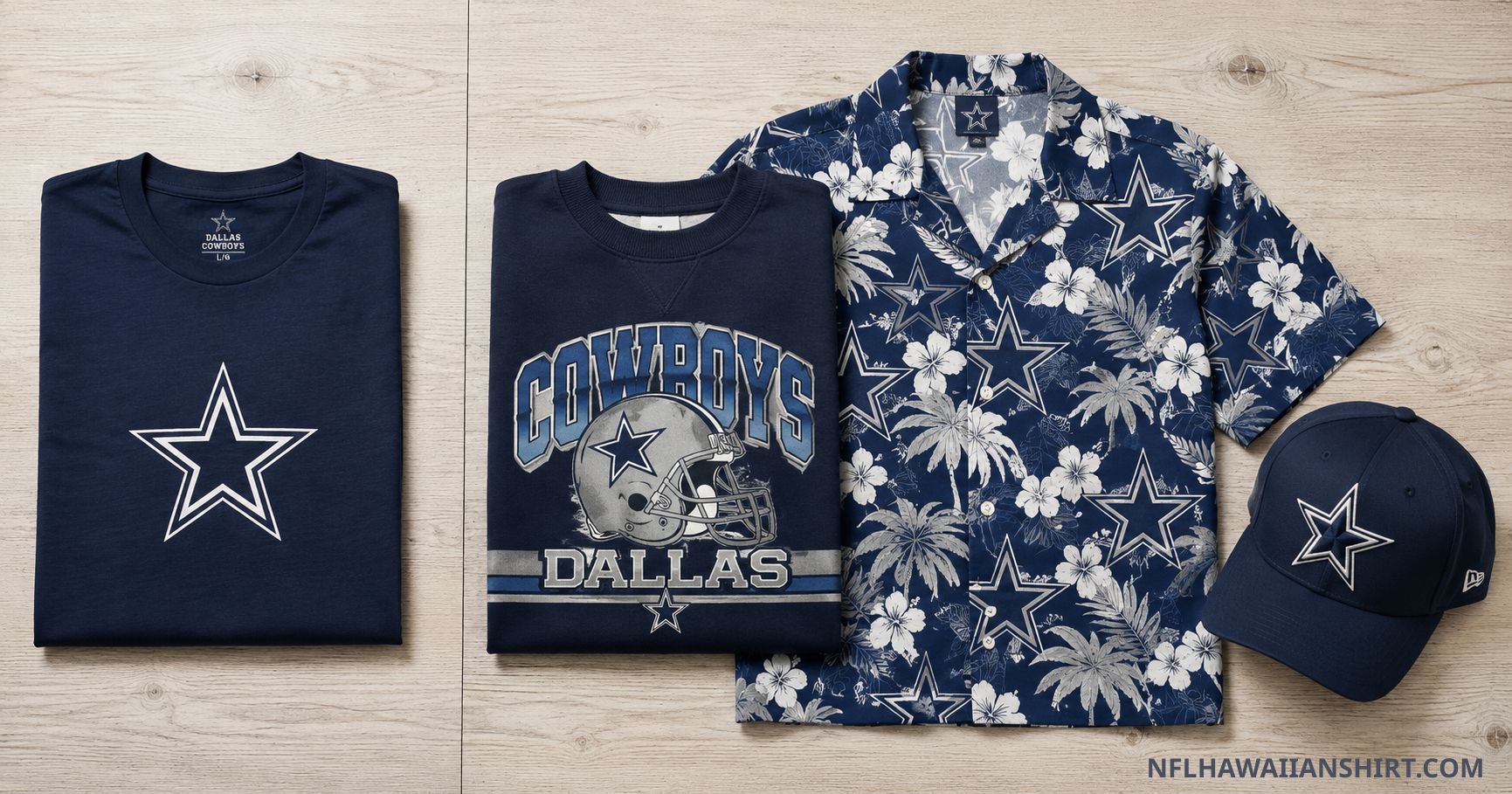 Dallas Cowboys fan gear comparison flat lay — basic tee versus retro crewneck, all-over print Hawaiian shirt, and embroidered cap showing visual differentiation trend
