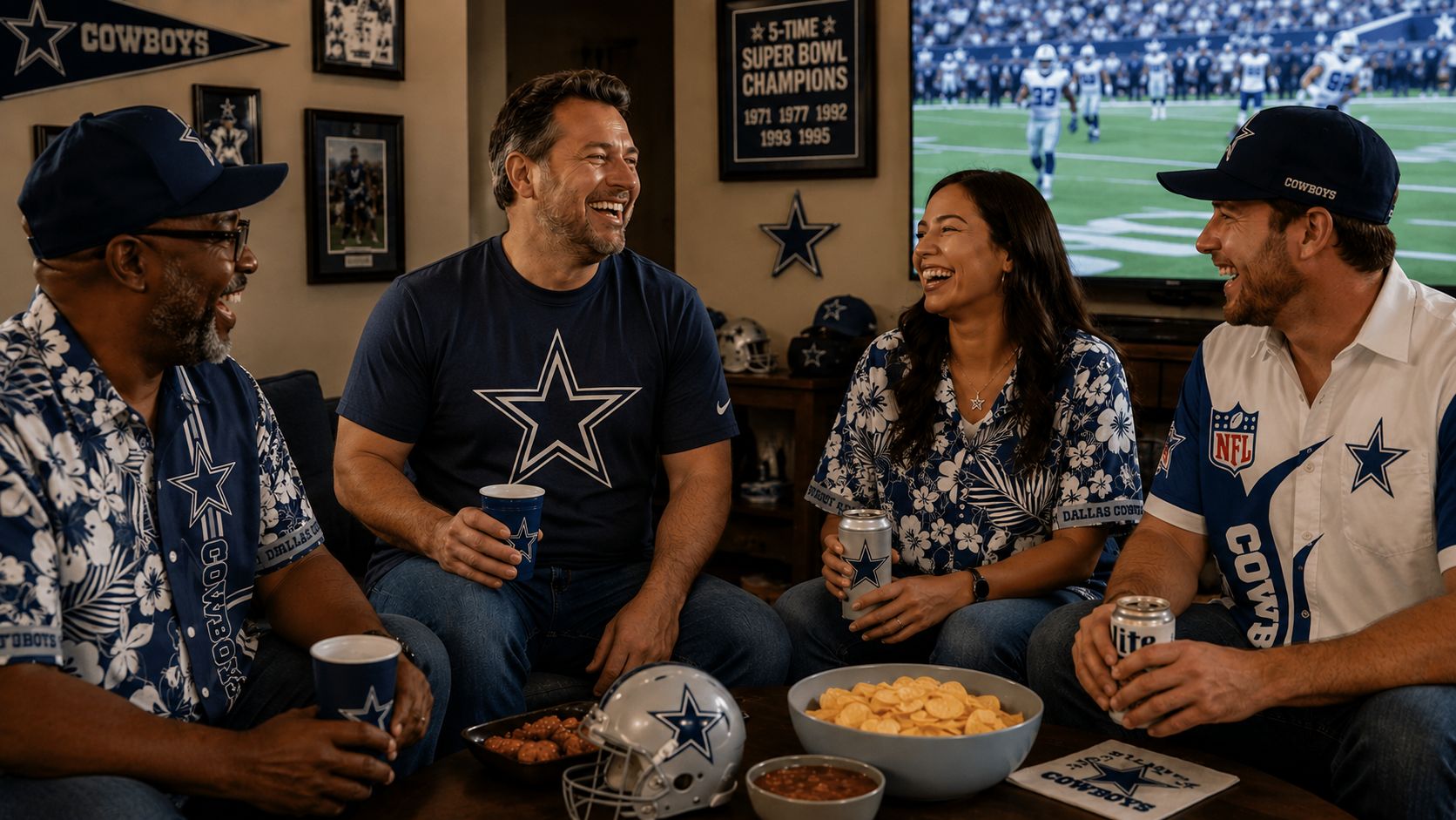 Dallas Cowboys fans at watch party — group in Cowboys Hawaiian shirts and jerseys laughing together, game on TV in background