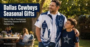 Dallas Cowboys Father's Day gift — dad and son in Cowboys Hawaiian shirt and Cowboys tee, backyard summer gathering