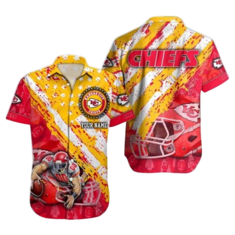 Kansas City Chiefs custom Hawaiian shirt with personalized name and number — front and back view, Chiefs red and gold all-over print fan gift