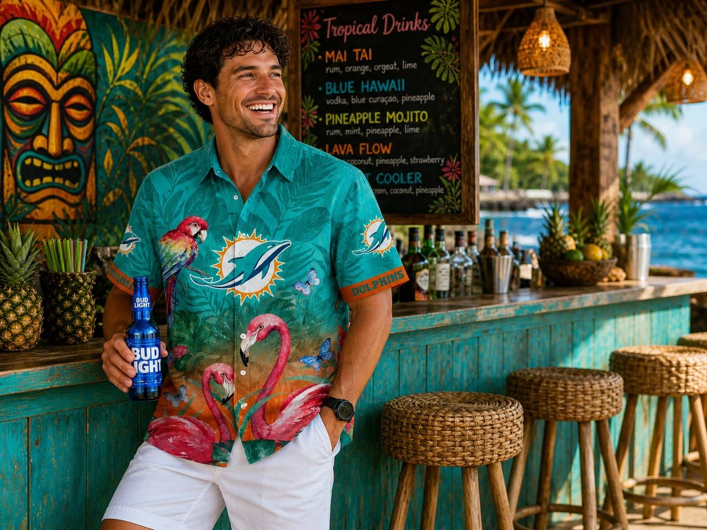 Miami Dolphins Hawaiian Shirt Beach Bar Lifestyle Miami Dolphins Hawaiian shirt worn at tropical beach bar — best summer wear NFL fan outfit