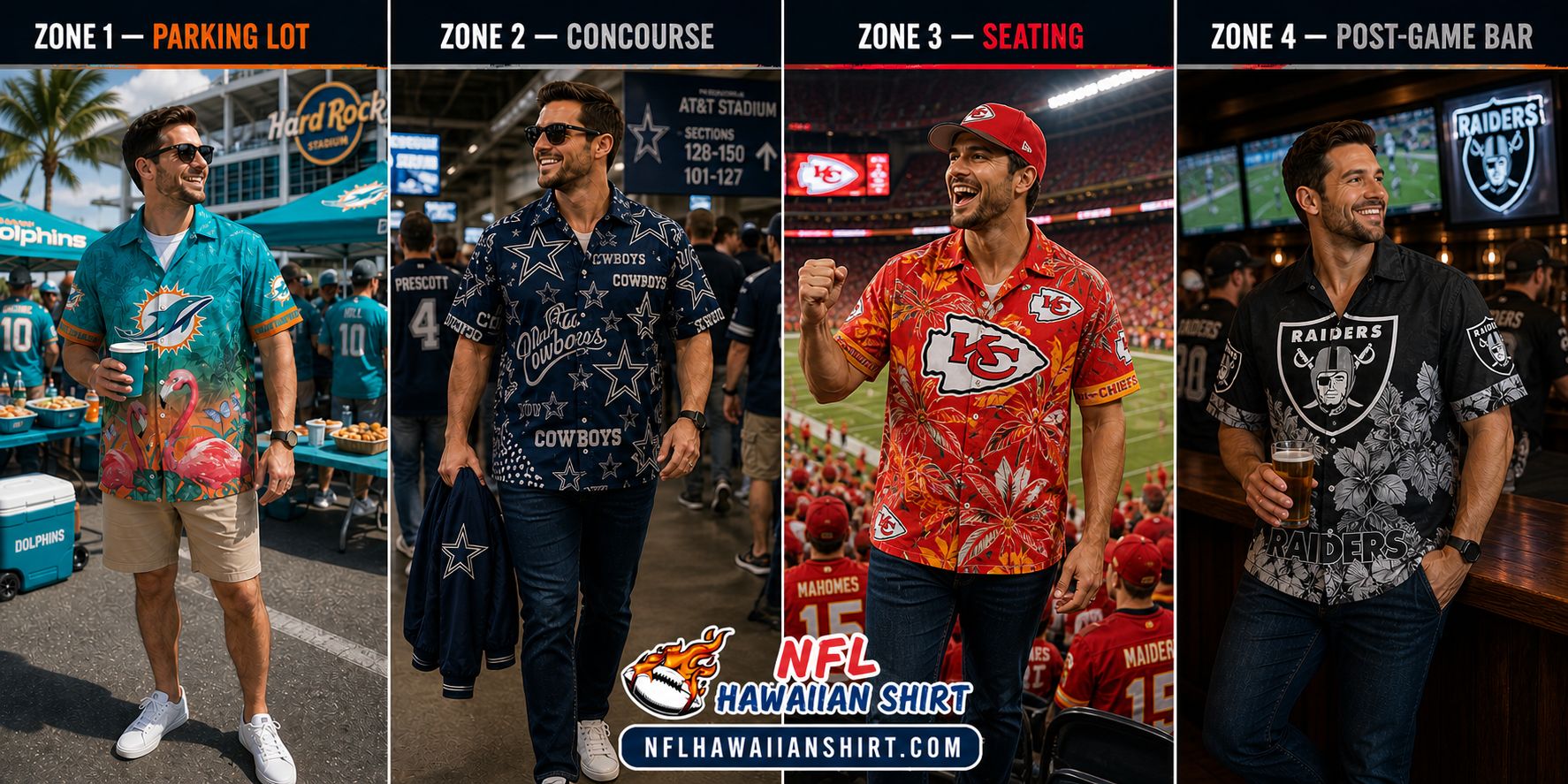 NFL Game Day Outfit 4 Zones Guide NFL game day outfit guide across 4 zones - parking lot, concourse, seating, and post-game bar