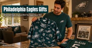 Philadelphia Eagles gifts after Super Bowl win — midnight green Hawaiian shirt held open with McNabb throwback jersey and framed Philadelphia Inquirer front page visible
