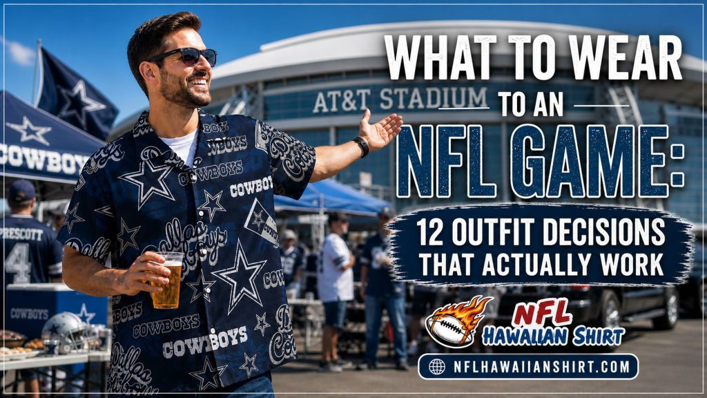 What to wear to an NFL game — Dallas Cowboys Hawaiian shirt at AT&T Stadium tailgate