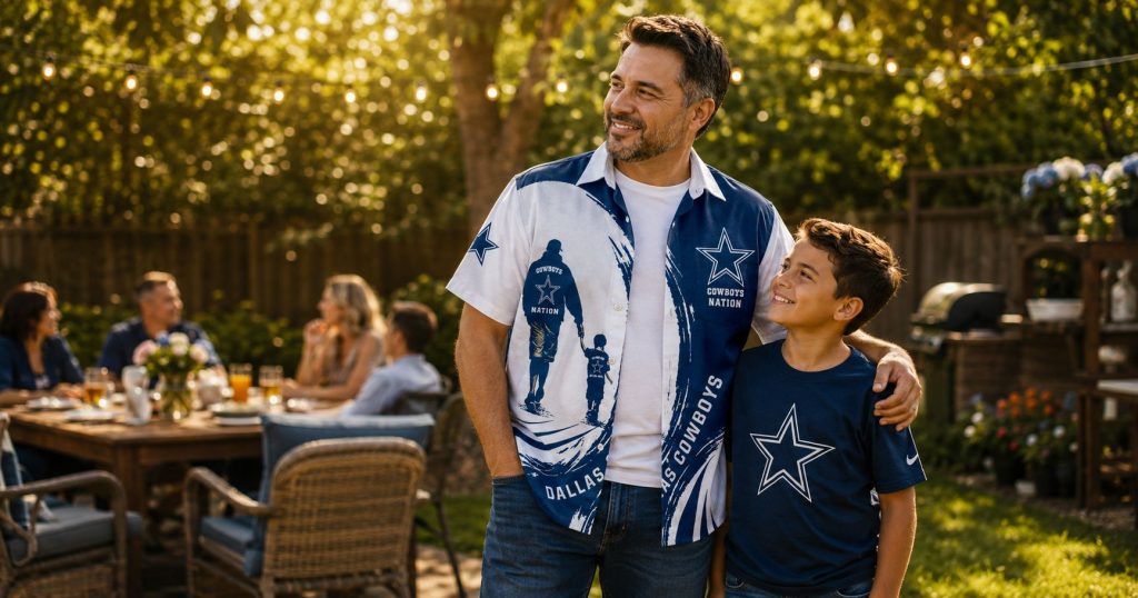 Dallas Cowboys dad wearing navy and white all-over print Hawaiian shirt with arm around son in Cowboys tee — Father's Day backyard family gathering, golden afternoon light