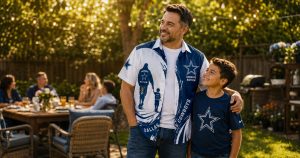 Dallas Cowboys dad wearing navy and white all-over print Hawaiian shirt with arm around son in Cowboys tee — Father's Day backyard family gathering, golden afternoon light