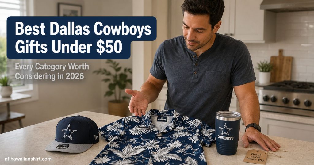 Best Dallas Cowboys gifts under $50 — Hawaiian shirt, Cowboys cap, and tumbler laid out on kitchen counter