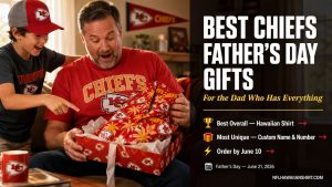 Father opening Kansas City Chiefs Hawaiian shirt gift box on Father's Day — best Chiefs gift for dads who already own every jersey