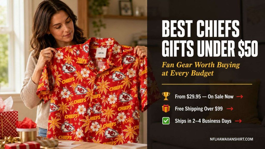 Person holding Kansas City Chiefs Hawaiian shirt — best Chiefs fan gift under $50, all-over print red and gold arrowhead design