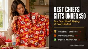 Person holding Kansas City Chiefs Hawaiian shirt — best Chiefs fan gift under $50, all-over print red and gold arrowhead design
